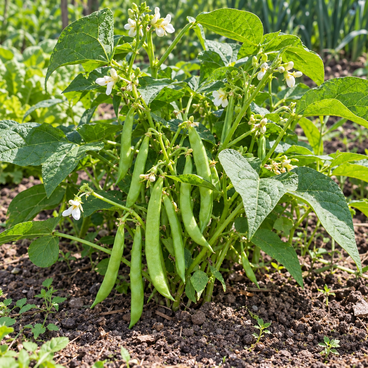 Wieringer bonenplant met peulen in de moestuin, traditioneel zaadvast stambonenras.